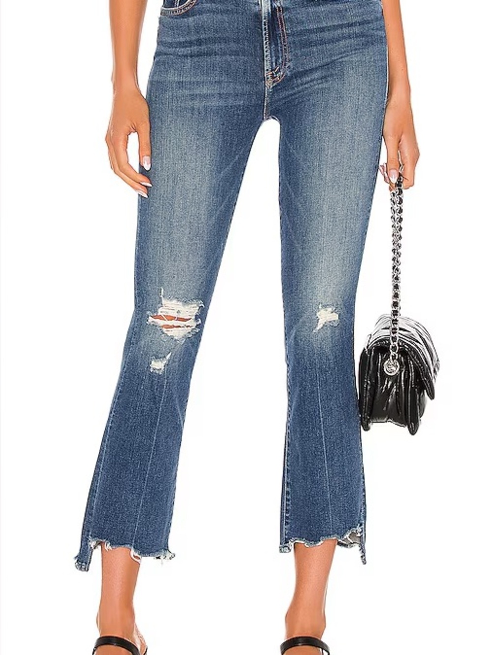 MOTHER Blue Cropped Flare Distressed Jeans